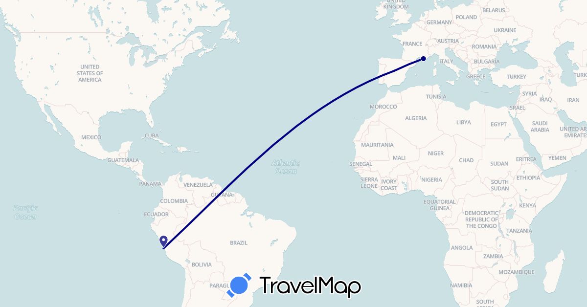 TravelMap itinerary: driving in Spain, France, Peru (Europe, South America)